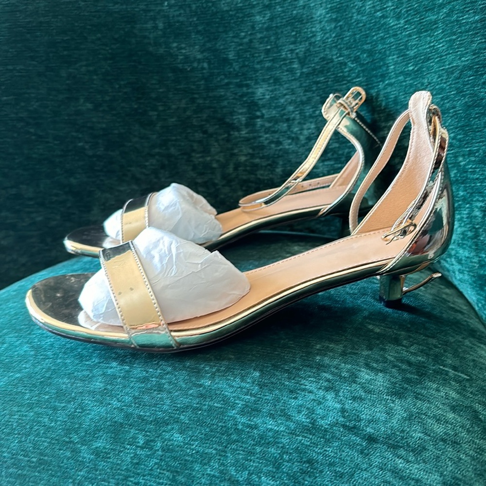 Gold open toe kitten heel